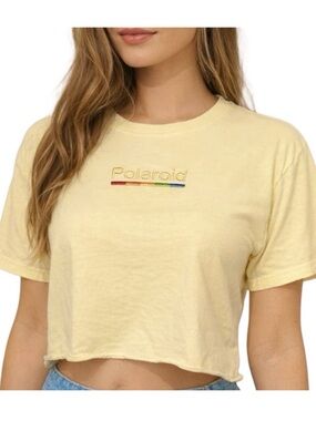 POLAROID Urban Outfitters Butter Yellow Cropped Tee with Rainbow Embroidery